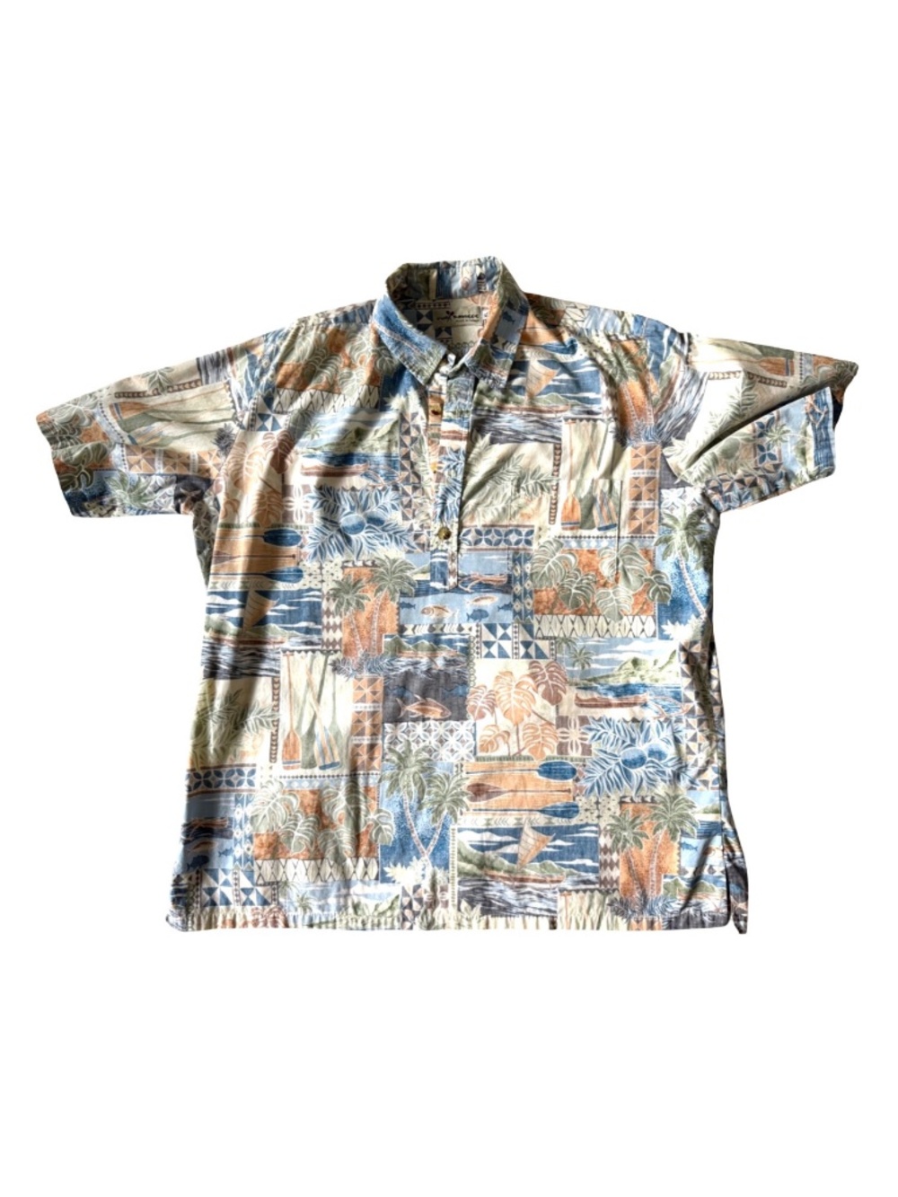 Vintage Two Paddles Aloha Shirt XL Short Sleeve Scenic Pullover Made in Hawaii
